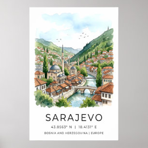 Sarajevo-Aquarelldruck, Stadtansicht mit Moschee Poster