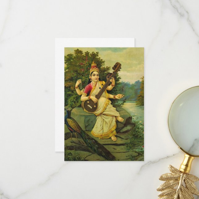Saraswati, Musikgöttin von Raja Ravi Varma Dankeskarte (Vorderseite/Rückseite Beispiel)