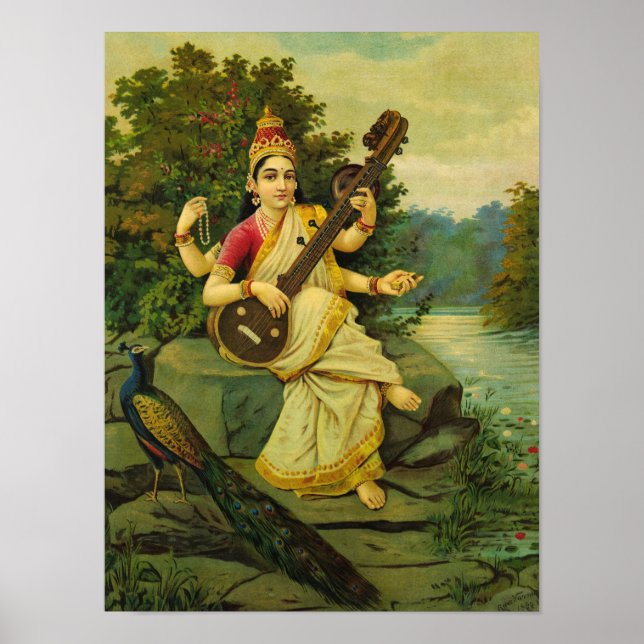 Saraswati, Musikgöttin von Raja Ravi Varma Poster (Vorne)