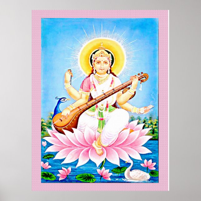 Saraswati sitzt auf einer Lotusblüte Poster (Vorne)