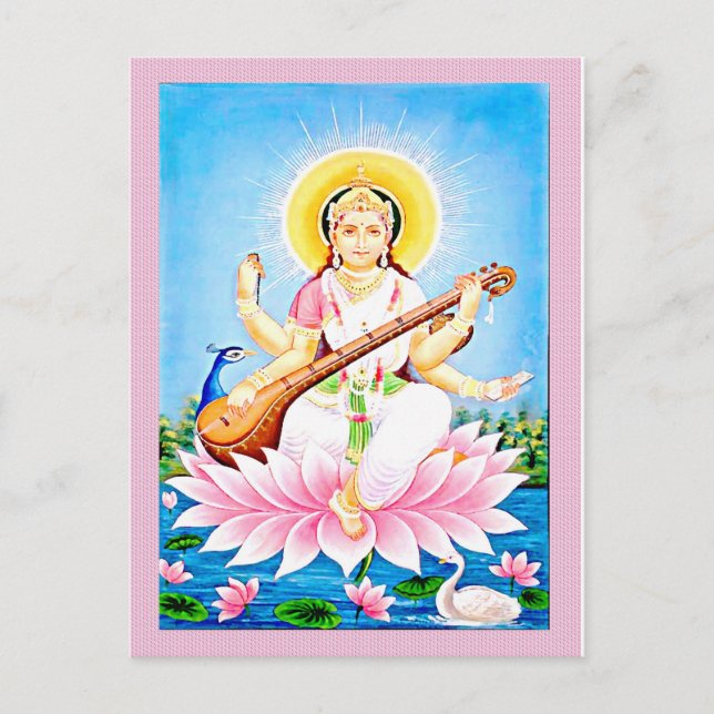 Saraswati sitzt auf Pink Lotus Postkarte (Vorderseite)