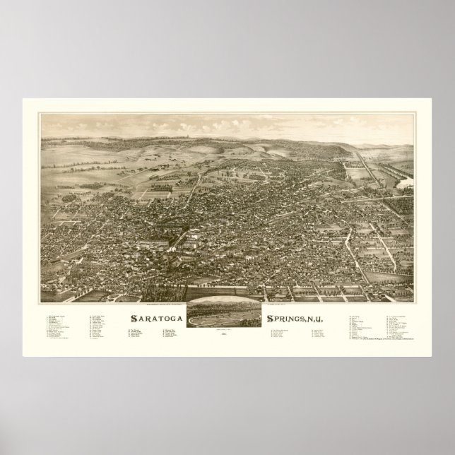 Saratoga Springs, NY Panorama Karte - 1888 Poster (Vorne)