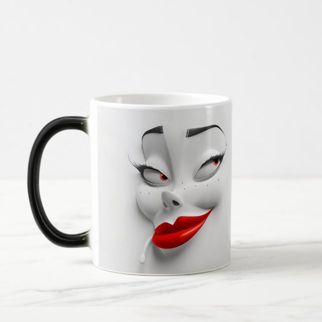 Sarcastic Women Face with Red Lips Verwandlungstasse (Links)