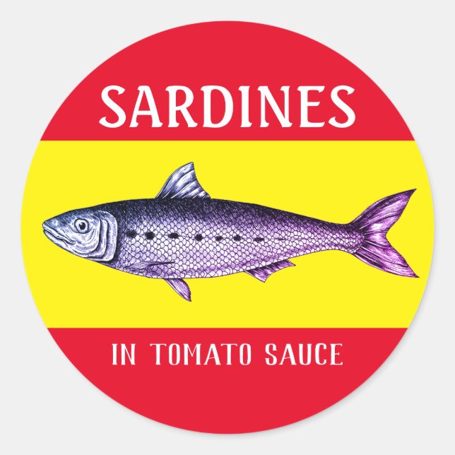Sardine auf Sauce-Etiketten-Aufkleber Runder Aufkleber (Vorderseite)