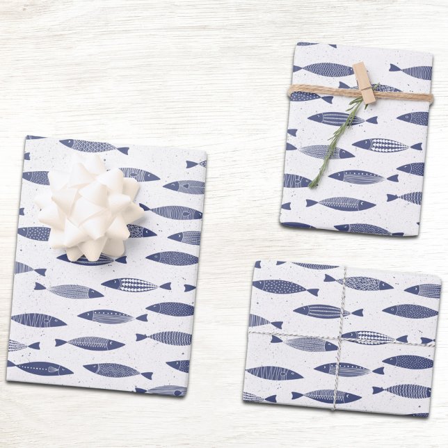 Sardine Fish Navy Blue White Coastal Geschenkpapier Set (Sardine fish blue and white block print coastal gift wrapping paper sheets)