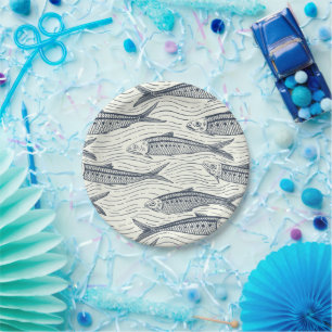 Sardinen in Bewegung in Marineblau und Elfenbein Pappteller