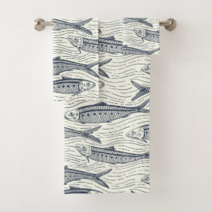 Sardinen in Bewegung in navy und elfenbein Badhandtuch Set