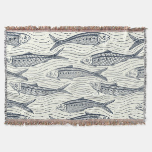 Sardinen in Bewegung in navy und elfenbein Decke