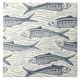 Sardinen in Bewegung in navy und elfenbein Fliese