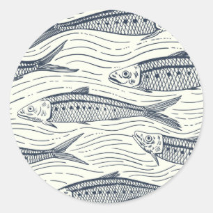 Sardinen in Bewegung in navy und elfenbein Runder Aufkleber