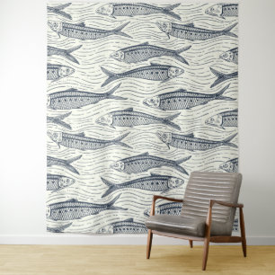 Sardinen in Bewegung in navy und elfenbein Wandteppich