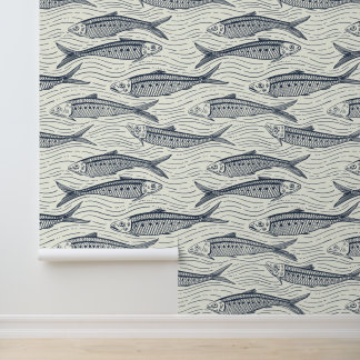 Sardines in Motion in navy and ivory Tapete