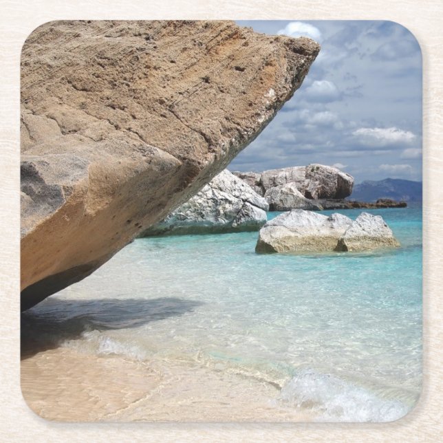 Sardinien-Strand mit großem Felsen-Untersetzer Rechteckiger Pappuntersetzer (Vorderseite)