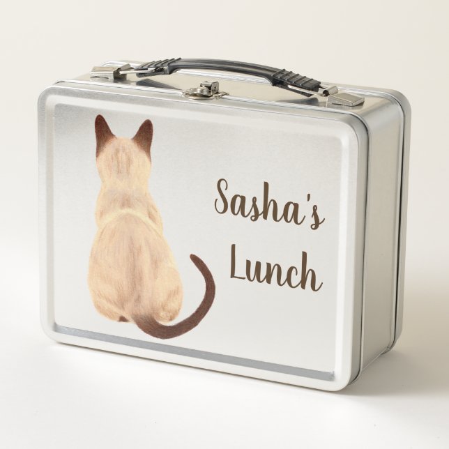 Sasha Siamese Katze Sitzen Rückansicht Kätzchen Cu Metall Lunch Box (Vorderseite)