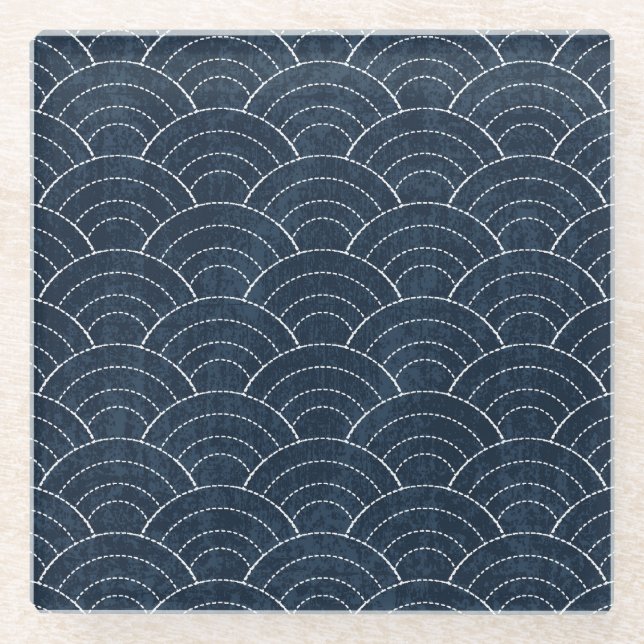Sashiko Stickerei: Indisches japanisches Muster. Glasuntersetzer (Vorderseite)