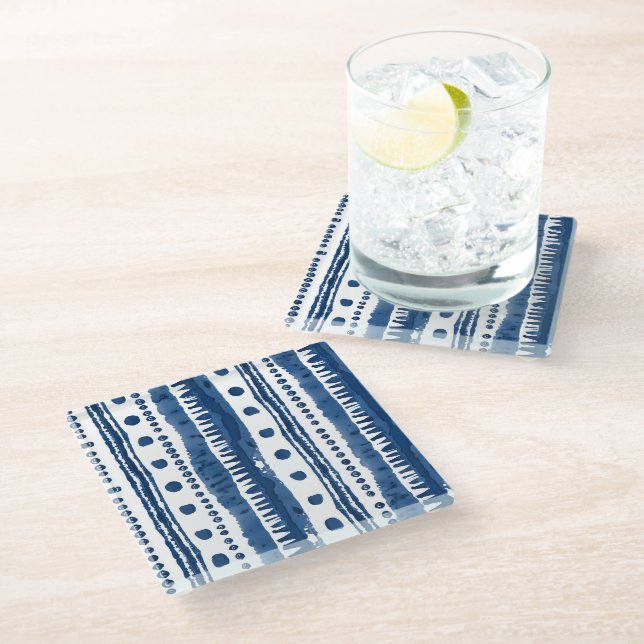 Sashiko Weiß und Blau Muster Glasuntersetzer (Schrägansicht)