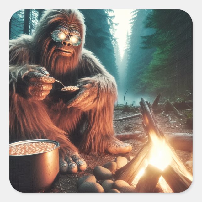 Sasquatch am Campfire Quadratischer Aufkleber (Vorderseite)