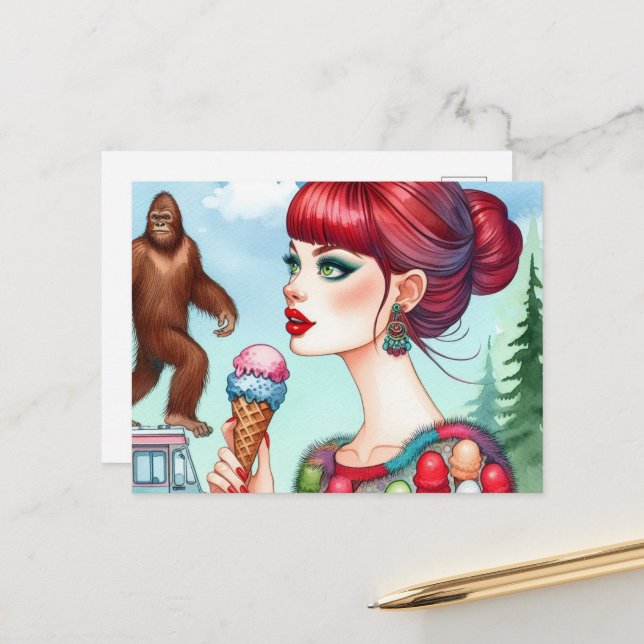 Sasquatch auf dem Eiskremsrucker Postkarte (Vorderseite/Rückseite Beispiel)