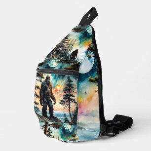 Sasquatch auf einem Waldgraben über dem Ozean Crossbody Bag