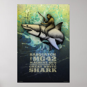 Sasquatch, das einen Weißen Hai reitet Poster