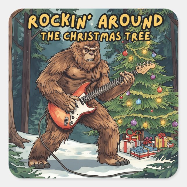 Sasquatch Gitarre rockt um den Weihnachtsbaum heru Quadratischer Aufkleber (Vorderseite)