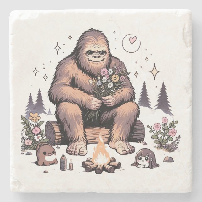 Sasquatch hält Blumen Steinuntersetzer (Vorderseite)