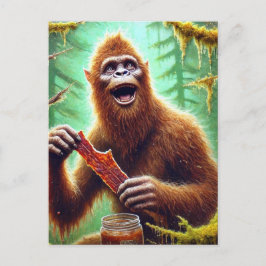 Sasquatch im Mossawald mit einem Glas Rindfleisch Postkarte