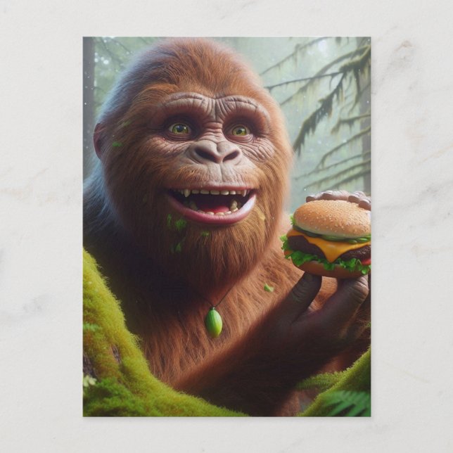 Sasquatch im Mosswald mit Cheeseburger Postkarte (Vorderseite)