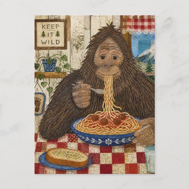 Sasquatch isst Spaghetti Postkarte (Vorderseite)