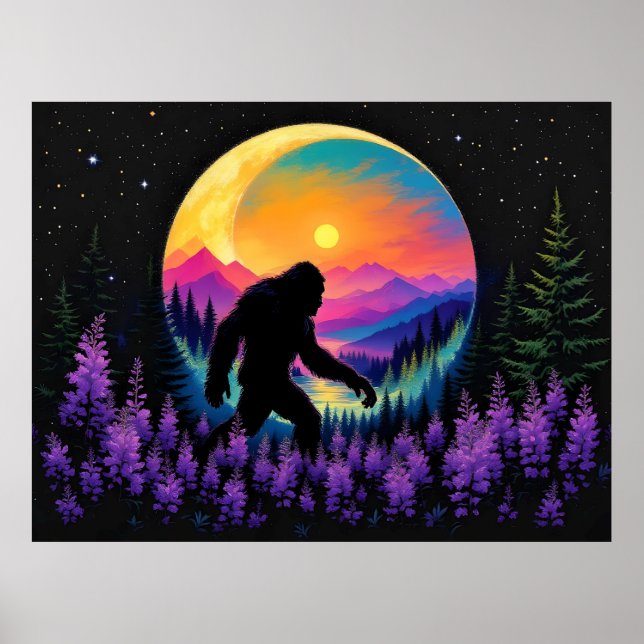 Sasquatch Rainbow Mountain Moon Wall Clock Poster (Vorne)