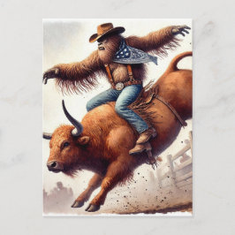 Sasquatch reiten auf einem Rodeo-Bull-Fantasy-Kuns Postkarte