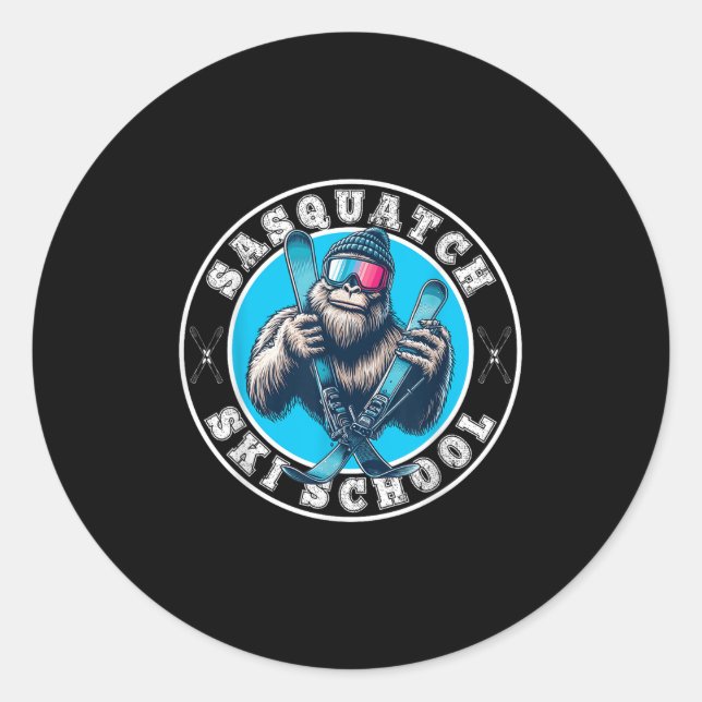 Sasquatch Ski School Funny Bigfoot Skiing  Runder Aufkleber (Vorderseite)