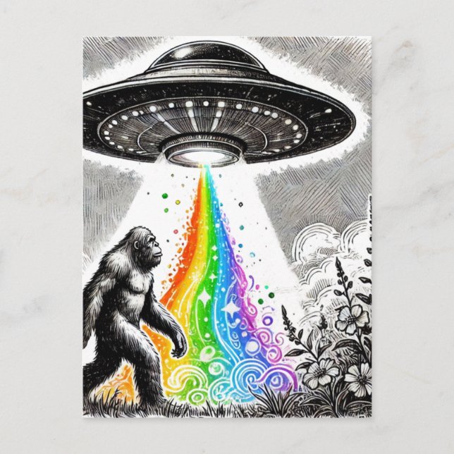 Sasquatch und das UFO auf einer Wiese Postkarte (Vorderseite)
