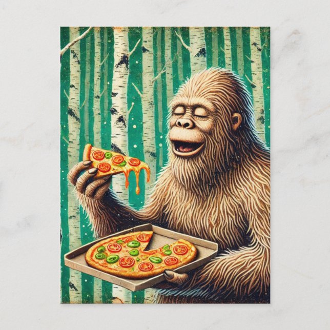 Sasquatch und die Pizza im Birkenwald Postkarte (Vorderseite)