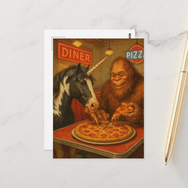 Sasquatch und ein Einhorn essen Pizza Postkarte (Vorderseite/Rückseite Beispiel)