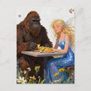 Sasquatch und ein Fee Eating Tacos Postkarte