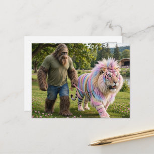 Sasquatch und eine süße mythische große Katze als Postkarte