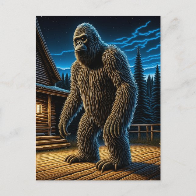 Sasquatch vor der Holzhütte im Wald Postkarte (Vorderseite)