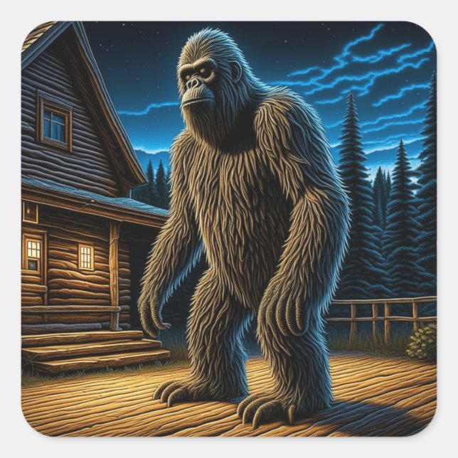 Sasquatch vor der Holzhütte im Wald Quadratischer Aufkleber (Vorderseite)