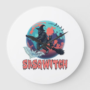 Sasqwitch Bigfoot Hexen Besen Schwarze Katze Mond Große Wanduhr