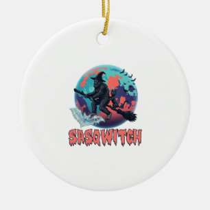 Sasqwitch Bigfoot Hexen Besen Schwarze Katze Mond Keramik Ornament