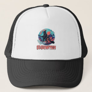 Sasqwitch Bigfoot Hexen Besen Schwarze Katze Mond Truckerkappe