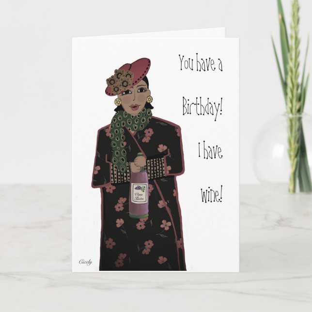 Sassy African American Lady Wein zum Geburtstag Karte (Vorderseite)