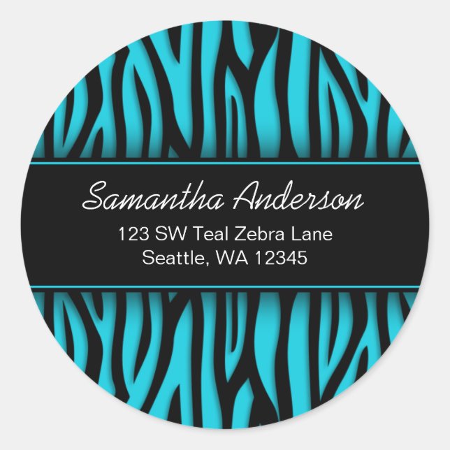 Sassy Aquamarin Blue Zebra Custom Address Label Runder Aufkleber (Vorderseite)