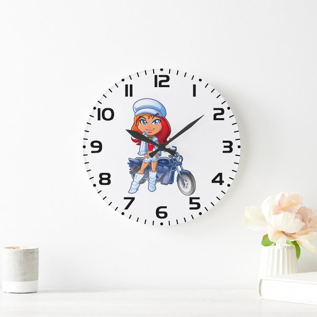 Sassy Biker Girl mit Rotem Haar und Motorrad Große Wanduhr (Von Creator hochgeladen)