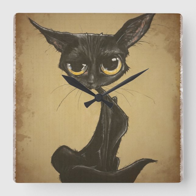 Sassy Black Cat Caricature Quadratische Wanduhr (Vorderseite)