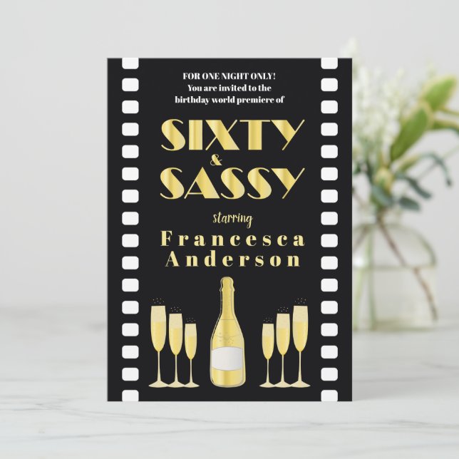 Sassy Black Gold Champagne 20er Movie Style Einladung (Stehend Vorderseite)