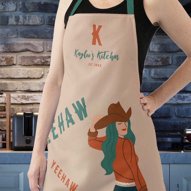 Sassy Cowgirl Yeehaw Terracotta Aquamarin Monogram Schürze (friendsgiving christmas gift custom mom hostess apron monogram terracotta country western rustic)