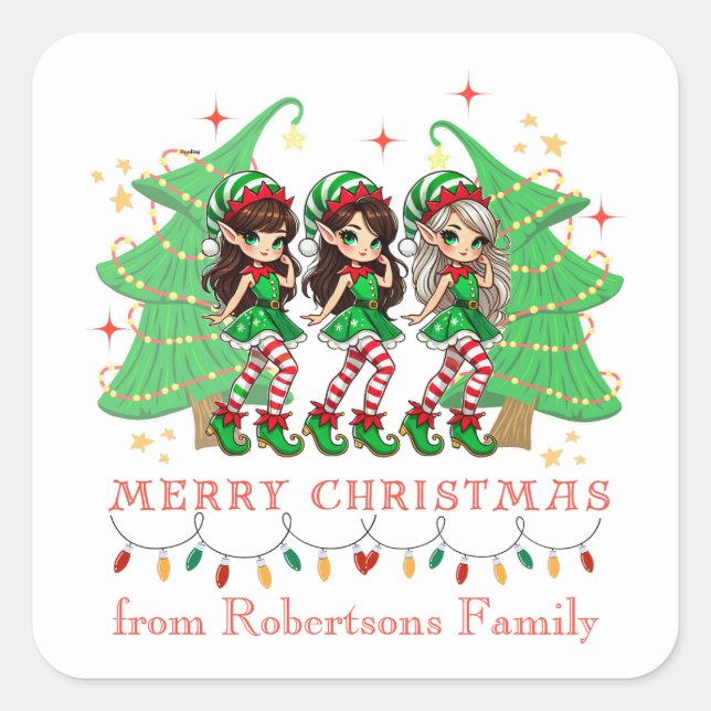 Sassy Elves tanzt um den Weihnachtsbaum Quadratischer Aufkleber (Vorderseite)