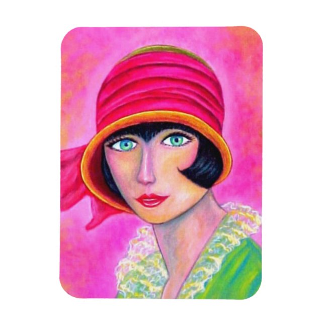 Sassy Flapper Girl Hot Pink Hat Roaring Zwanzig Magnet (Vertikal)